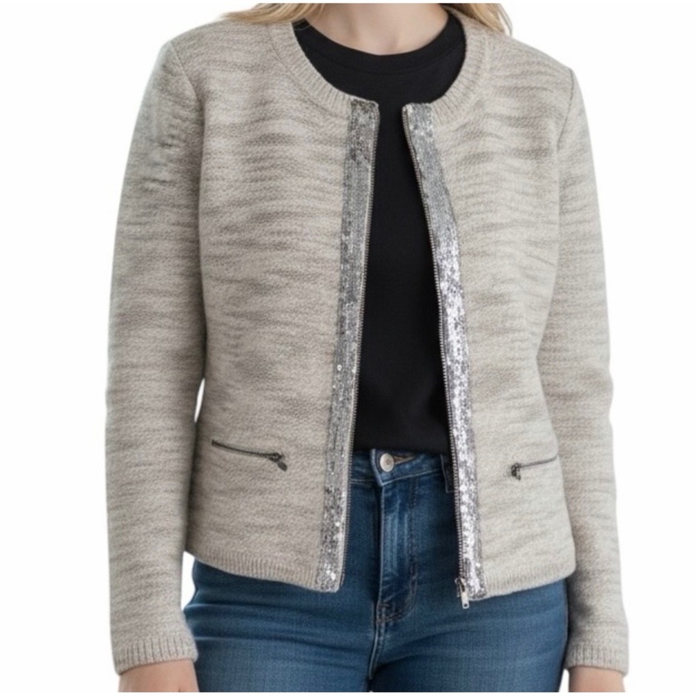 Banana Republic Extra Fine Merino Wool Sequin Cardigan Sweater Beige Large